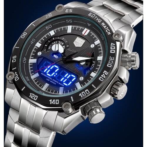 TVG Brand Men Watches Men Sports Watches Stainless Steel Band Dual Display Quartz Wristwatches Men mannen horloge reloj hombre
