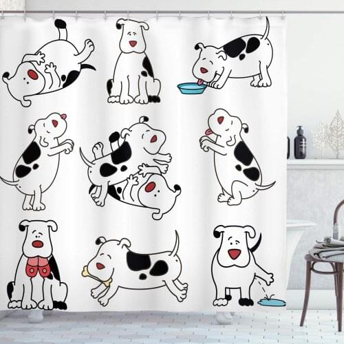 Black and White Dog Lover Shower Curtain Cartoon Dogs Childhood Dachshund Joy Expression Eating Happy Playing Enjoying