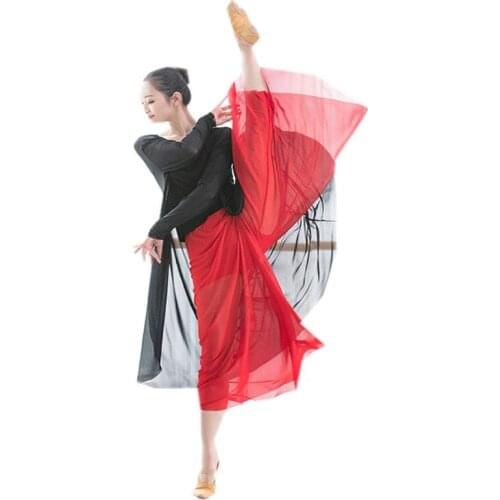 Chinese Folk Dance Costume Women Flowy Classical Modern Dance Competiton Wear Long Shirt Wide Leg Chiffon Pants Plus Size