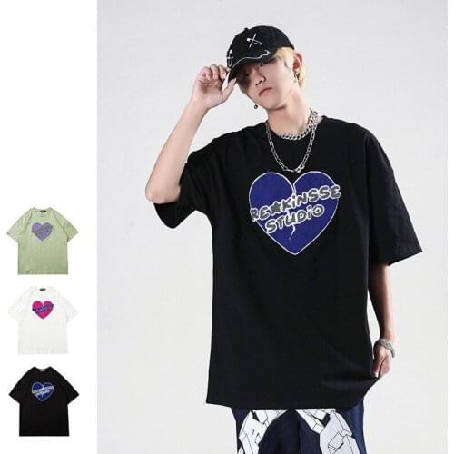Unique Style Three-dimensional Towel Embroidered Love Couple Short-sleeved T-shirt Mens Cotton Loose Oversized Hip-hop Popular