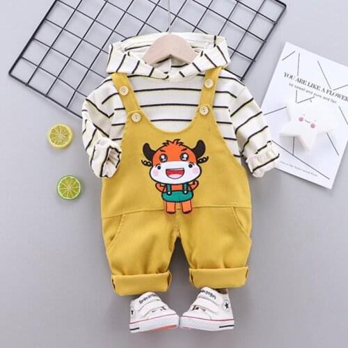 Trendy Clothing Suits Infant Boys Casual Spring Jumosuit Overalls Girls Hooded Striped Tops Cartoon Outfit Newborn Kids Sets