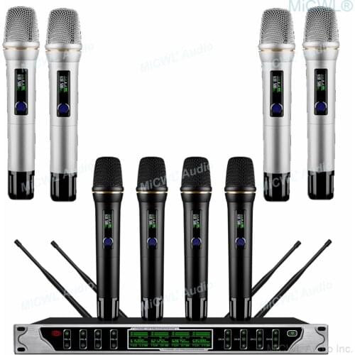 MiCWL UHF 4 Mic Channel Digital Wireless Microphone Microfone Top Stage Performance Karaoke System Silver Black Handheld Set
