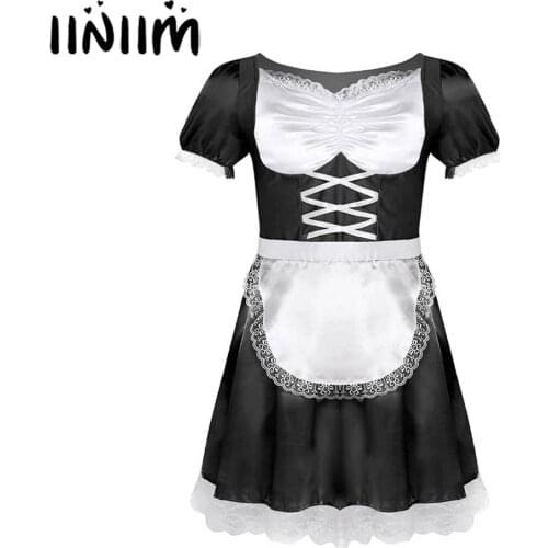 Mens Adult Gay Sissy French Maid Dress Uniform Fancy Costumes Dresses Up Sexy Clubwear Evening Parties Satin Dress with Choker