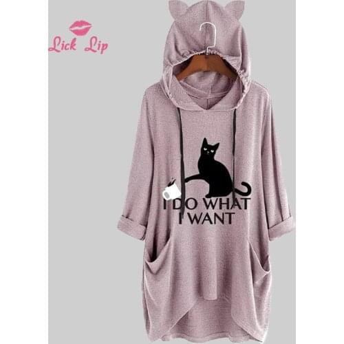 Lick Lip Large Size 4XL 5XL Cat Printing Nightie Long Sleeves Pocket Hooded Nightgown Cute Loose Comfortable Homewear SWA10116-4