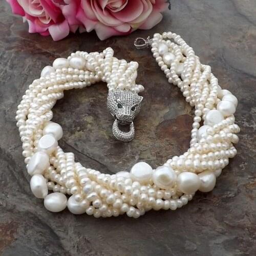 New natural 9 Strands Freshwater white Pearl 5-11MM Necklace Cz Pave Leopard head Clasp 18inches