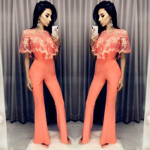 Orange Floral Patchwork Batwing Sleeve Embroidery Mesh Wide Leg Round Neck Short Sleeve Bandage Bodycon Jumpsuit
