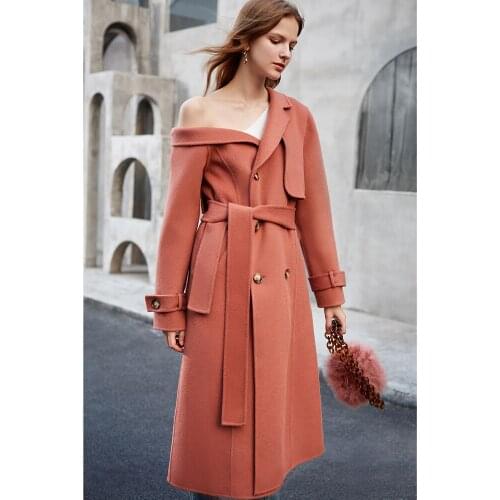 Runway Fashion One Shoulder Wool Coat Vintage Elegant Winter Woolen Overcoat Long Jacket Women Double Breasted Slim Outerwear