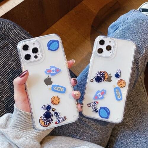 Full Liquid Quicksand Astronaut Planet Transparent Case For iPhone 11 Pro 12 Max 8 Mini Plus 7 X XS XR Cute Funda Back Cover