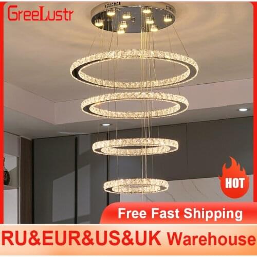 Luxury Large 5 Rings Round Crystal Led Chandelier light Spiral Led Pendant Lamp Light Fixtures Stair Hotel Lamp Dimmable Lustres