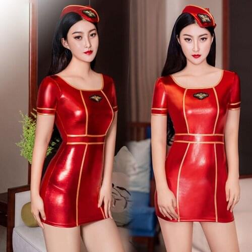 Sexy Lingerie Short-Sleeved Round Yellow Sideline Embellished New Patent Leather Tight-Fitting Clothing High-Elastic Hollow