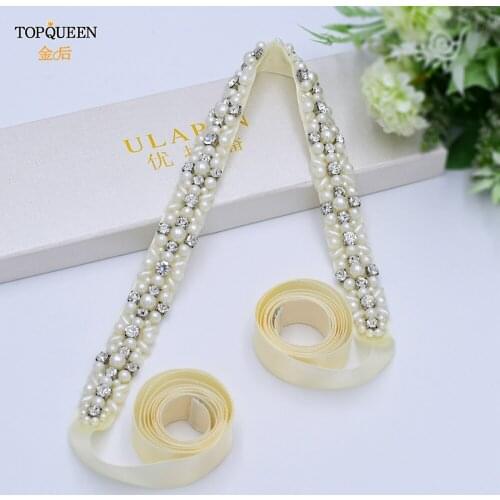 TOPQUEEN S380 Wedding Dress Sash Belt Bridal Belt Pearls Rhinestone Girl Pre Tied Wedding Dress Sash Bow Wedding is Coming Sash