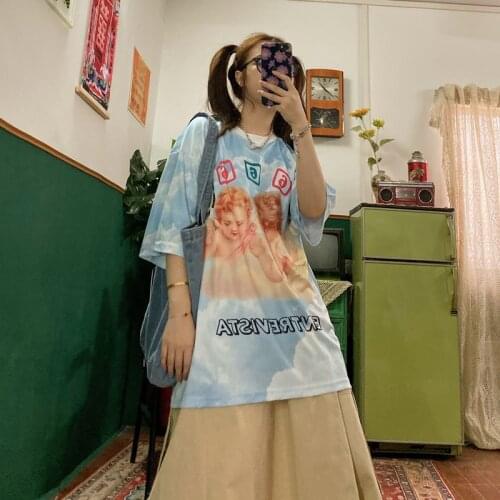 Street hip hop, Yuansu, soft girl, weird girl, retro Angel print, loose large short sleeve T-shirts T-shirt tees women