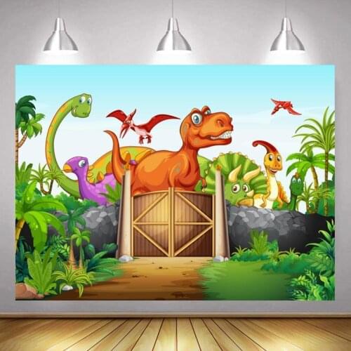 Cartoon Dinosaurs Spring Park Grass Trees Jurassic Background Children Birthday Party Decorated Studio Photography Scene