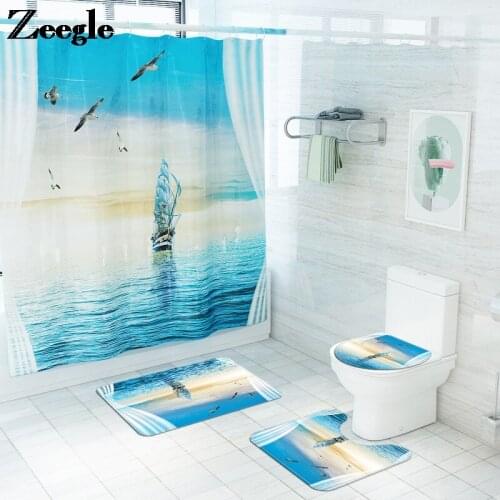 Zeegle Landscape Printing Toilet Mat Non-slip Floor Carpet Bathroom Waterproof Shower Curtain and Flannel Bath Mat Set