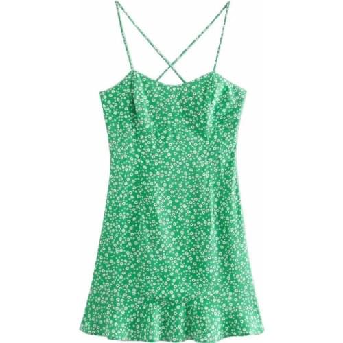 Za Woman New Summer Retro Printing Ruffle Edge Dress Fashion Slim Dress Sexy Backless Off Shoulder Sling Mini Dresses Vestidos