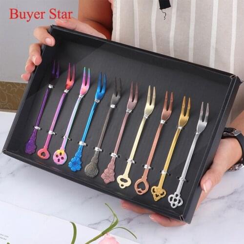 10PCS/Set Fruit Forks Stainless Steel Gold Cake Dessert Forks Lovely Mini Fork Used For Cake in Party Restaurant With Gift Box