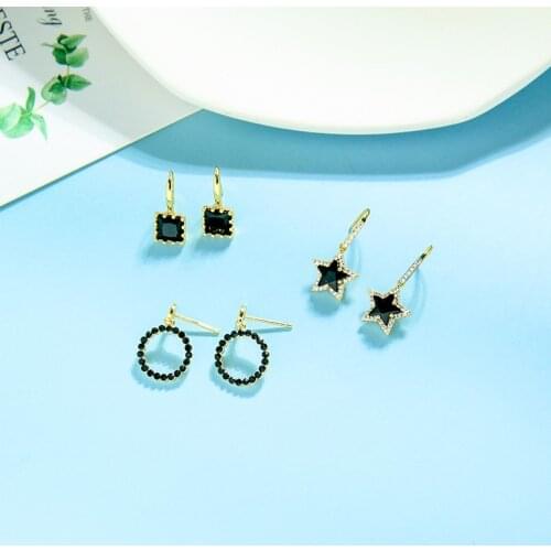 2020 New Jewelry Fashion Ear Drop Black Glass Pentagram Star Round Circle Dangle Earrings Wholesale For Summer Women