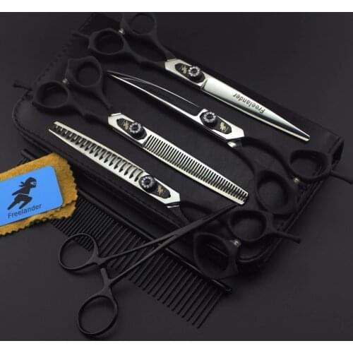 7 "Professional pet grooming kit, direct and thinning scissors and curved pieces 4 pieces. ,technicolor black handle