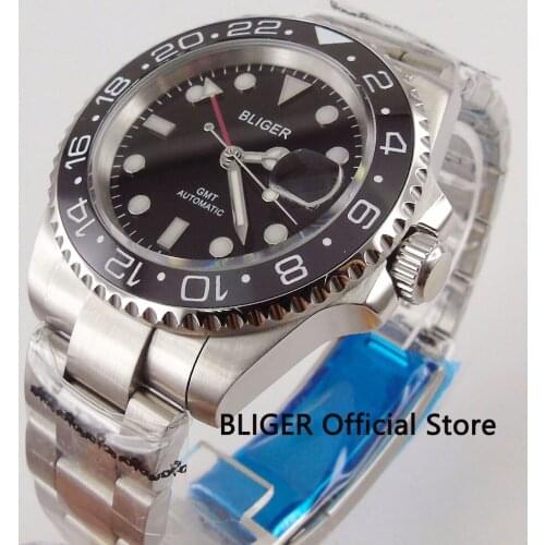 Sapphire BLIGER 40mm Black dial GMT Function luminous Automatic movement mens watch Mechanical Mens wristwatch B185