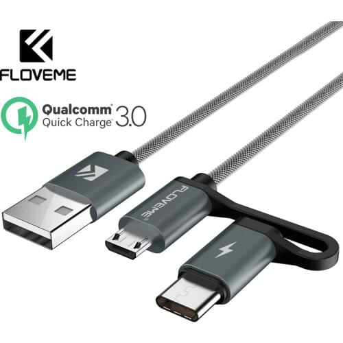 FLOVEME 2 in 1 QC 3.0 Micro USB Type C Cable Fast Charging Type-C Charger USB-C Cables For Samsung S8 Note 8 S7 Phone USB Cable