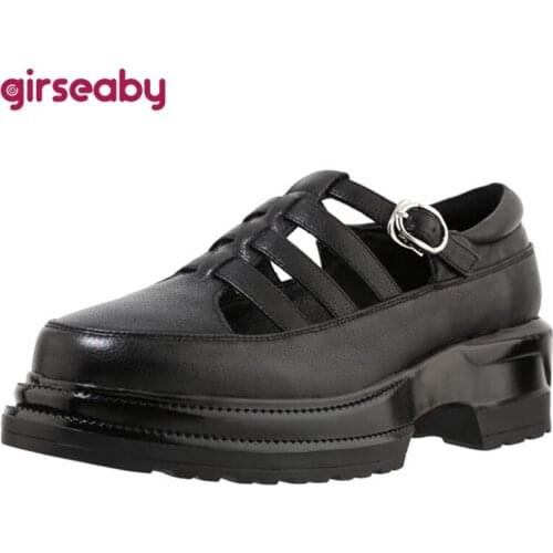 Girseaby 2021 Genuine Leather Pumps Round Toe Platforms Narrow Band T Buckle Strap 5.5cm Chunky Heels US11 White Black A4305