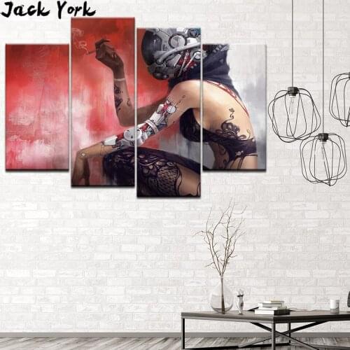 Canvas Painting robot cyborg with tattoos 4 Pieces Wall Art Painting Modular Wallpapers Poster Print for living room Home Decor