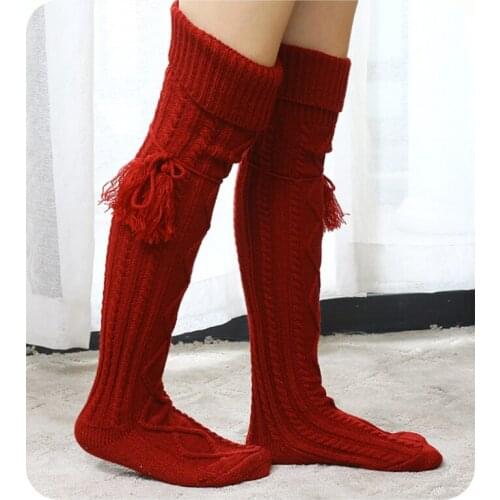 Red Black Gray Winter Warm Thick Over Knee Scrunch Slouch Long Knitted Stocking Socks Women