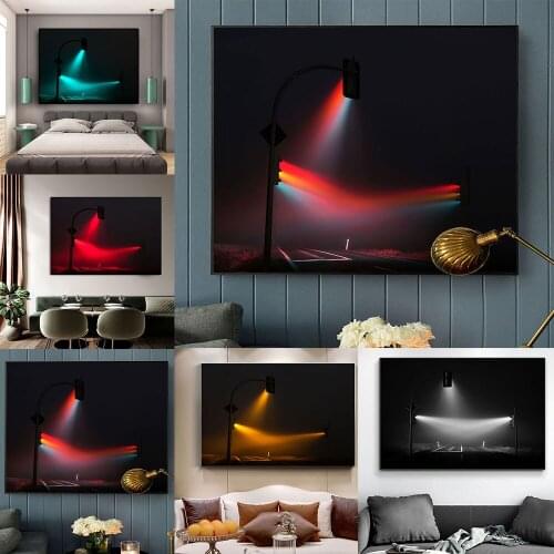 Colorful Traffic Lights in Dark Pictures Modern Wall Art Painting on Canvas Landscape Posters and Prints for Living Room Decor