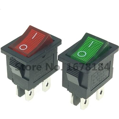 50PCS/Lot KCD1-104 Rocker Switch 4pin On Off DPST Red Green Lamp Black 15x21 Rocekr Switch 6A 250VAC KCD1