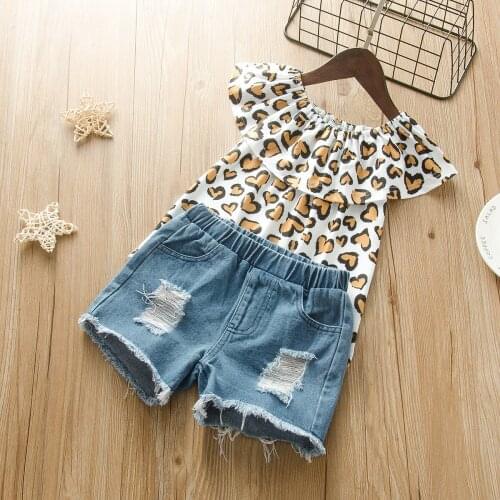 Summer Girls Casual Two-piece Clothes Set Leopard Ruffle Short Sleeve Round Collar Tops + Blue Ripped Jeans Shorts