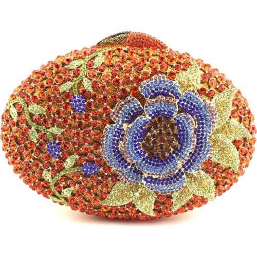 Dazzling Women orange Rose Flower Hollow Out Crystal Evening Metal Clutches Small Handbag Purse Wedding Box Clutch Bag