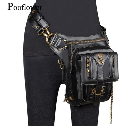 Pooflower Punk Motorcycle Leg Bag Women Men Gothic Chains Belt Waist Bag Running Belt Bum Bag Shoulder Bag Chest Pack ZH104
