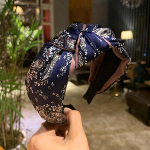 Navy Blue Headband Print Women Sweet Headdress Vintage Flowers Print Hairband Knot Adults Hair Accessories Head Band Bow