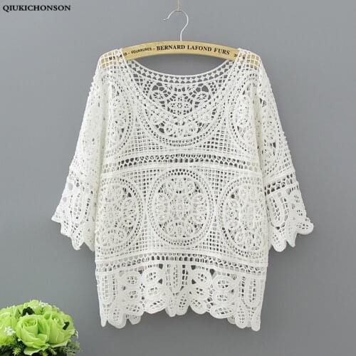 Qiukichonson Vintage Hook Flower Hollow Out Plus Size Tshirt Women Summer Knitted cotton Tees Half Sleeve O-Neck Loose Short Top