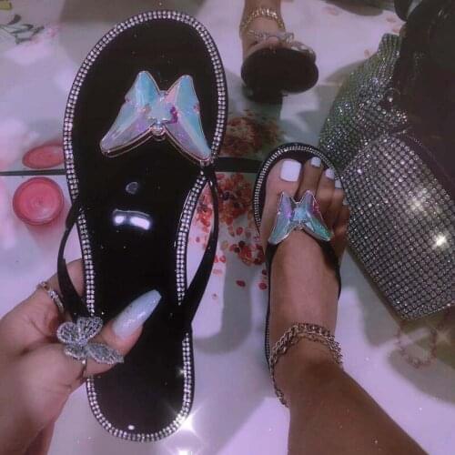 Crystal Butterfly Flat Sandals Summer Solid Color Flip Flops Womens Shoes Fashion Beach Slippers Outdoor Casual Plus Size