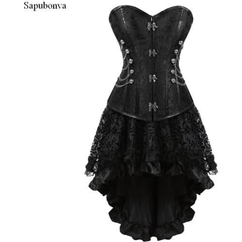 Sapubonva Corset Bustier Skirt Set Sexy Grand Steampunk Leather Clasp Corsets and Bustiers Dresses Lace Plus Size Burlesque Tops