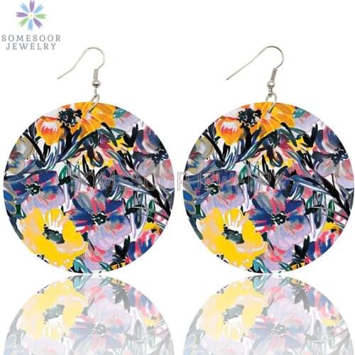 SOMESOOR Bohemian Artistic Printed African Wooden Drop Earrings Fabric Flower Painting Ear Loops Dangle Jewelry For Women Gifts