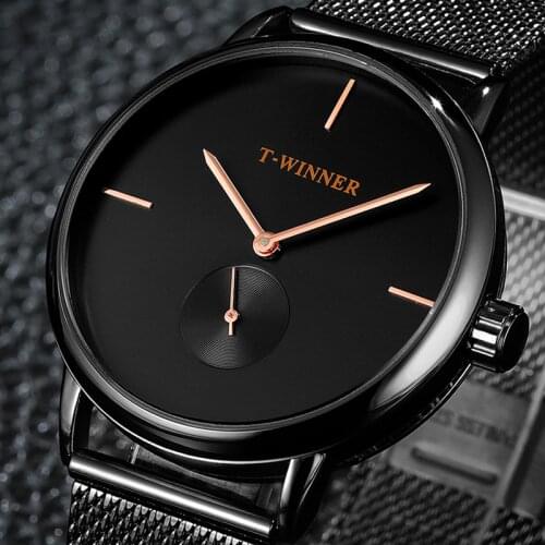 T-WINNER Men Top Brand Fashion Luxury Simple Black Hand Winding Mechanical Watches Mens Stainless Steel Waterproof Wrist Watch