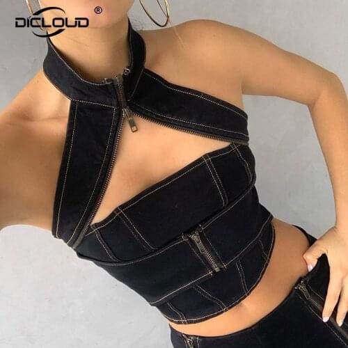 Chic Street Girls Zipper Halter Crop Top Women Summer Slim Black Denim Busiter Tops Sexy Backless Party Club Top Tee Shirt Femme