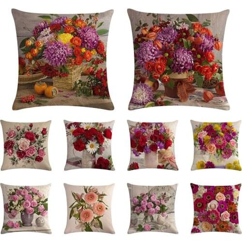 17'' Vintage Floral Country Flower Linen Cushion Cover Decorative Sofa Car Chair Throw Pillow Case Rose Flower Pillow Cover 1pc