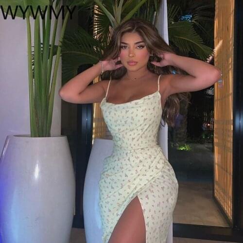 WYWMY Floral Print Summer Dress Side Split Pleats Yellow Midi Dresses Women Spaghetti Straps Cowl Chic Wrap Party Club Dress