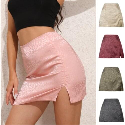 2021 Summer Leopard High Waist Split Skirt Sexy Jacquard Satin Zipper Skirt European American Womens Wear Girl Pink