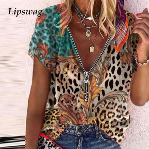 Women Ladies Elegant Short Sleeve Blouse Sexy V Neck Zipper Loose Shirt Summer Casual Vintage Pattern Print Beach Tops Blusas