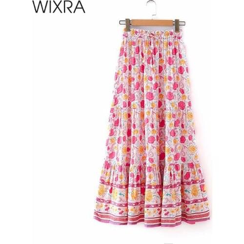 Wixra Spring Summer A Line Skirts Holiday High Waist Floral Print Mid-Calf Street Style Beach Bottoms For Lady