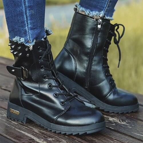 Women Ankle Boots Mid Heel Rivet Lace Up Female Shoes Winter Autumn Pu Leather Warm Belt Buckle Fashion Solid Zip Plus Size 2021