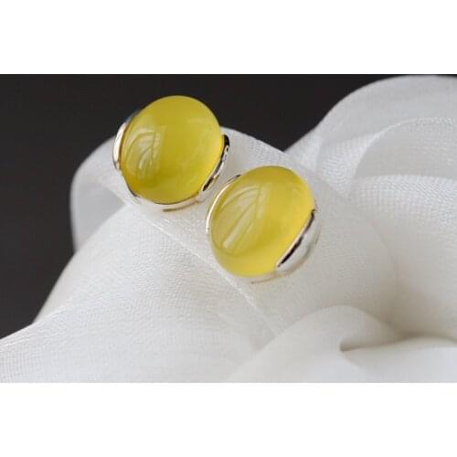 Authentic 925 Sterling Silver Lady Retro Style Oval Little Earstuds Inlaid Natural Yello Agate Earing Trendy Fine Jewelry Gift