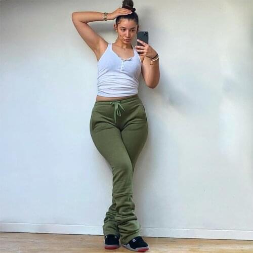 High Waist Stacked Joggers Pants Women Ruched Pleated Sweatpants Solid Workout Trousers with Pockets Female Running Pants S-2XL
