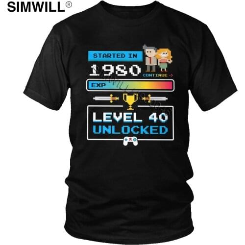 1980 40th Birthday Gamer T Shirts Mens Casual Short Sleeves Cotton Tees O-neck Cute Level 40 Unlocked Video Game T-shirt Merch
