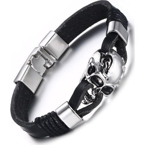 Fashion Skull Hand-Made Leather Bracelet for Men Boy Simple Skeleton Bangles Punk Cool Male Jewelry
