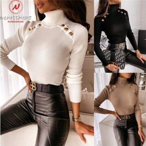 Elegant Women Autumn Winter Sweaters Patchwork Design Button Decor High Collar Long Sleeve Solid Color Slim Knitted Top